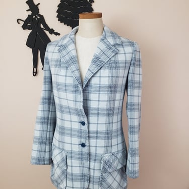 Vintage 1970's Plaid Suit Jacket / 70s Blue and White Check Overcoat 