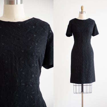 black embroidered dress 50s 60s vintage eyelet embroidery shift dress 