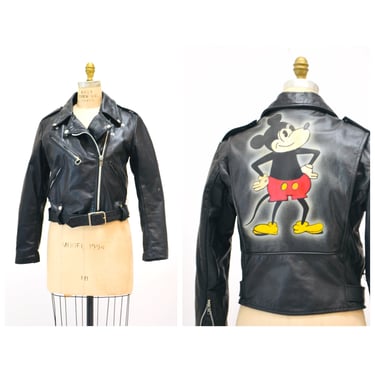70s 80s Vintage Leather Jacket Mickey Mouse Small Medium// Black Leather Biker Jacket Airbrushed Painted Mickey Disney Rebel Rider 