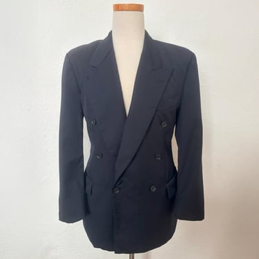 1990s Navy Double Breasted Blazer by Hugo Boss | 90s Vintage Blue Wool Jacket/Sport Coat (43 Chest) 