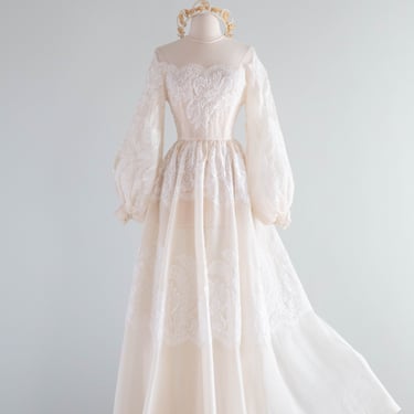 Romantic Vintage Couture Silk Wedding Gown With Bishop Sleeves and French Lace / S