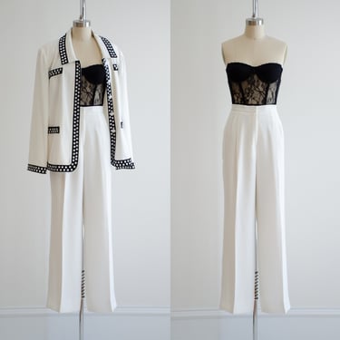 white vintage suit 90s vintage black white polka dot straight leg pantsuit 