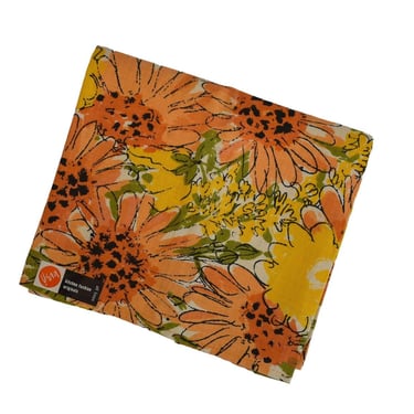 Vintage 60s Vera Neumann Linen Towel w Sticker Orange and Yellow Floral Print - Rectangle Shape - New With Tag, NWT 