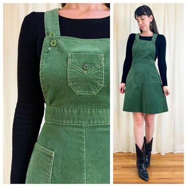 70s green corduroy overalls dress 