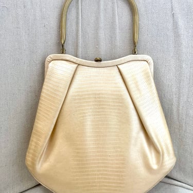 Vintage 50s 60s CROWN LEWIS Purse Handbag / Pleated Leather + Lizard Emboss / Pale Yellow + Gold Vine Handle / Fresh 