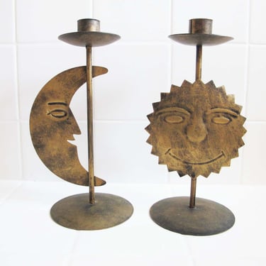 90s Celestial Sun Moon Faces Metal Candlesticks Set of 2 - Whimsy Goth Fall Decor - Tall Aged Metal Taper Candle Holders 