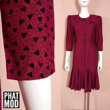 Fashionable Vintage 80s Magenta Pink & Black Triangle Geometric Patterned Drop Waist Dress with Shoulder Pads 