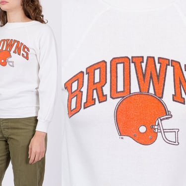 80s Cleveland Browns NFL Champion Sweatshirt - Men's XXS, Women's XS | Vintage White Raglan Sleeve Football Pullover 