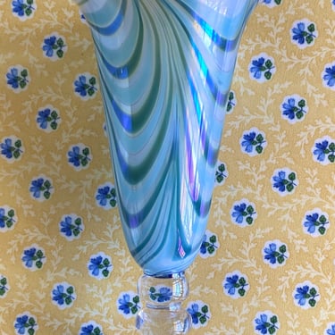 Robert Held “SKOOKUM”  Pulled Feather Iridescent Art Glass Vase Handblown Studio Art Glass Psychedelic Blues, Greens, opaque White~ Signed 