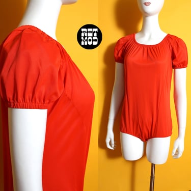 Cute Vintage 60s 70s Orange-Red Peasant Style Nylon Bodysuit 