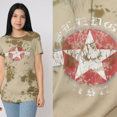 Y2K Military-Inspired T-Shirt Sledge USA Star Emblem Graphic Tie-Dye Shirt Vintage 00s Olive Green & Khaki Baby Tee Short Sleeve Large L 