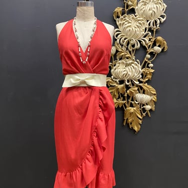 1990s halter dress, coral linen, wrap style, vintage dress, small medium, ruffled skirt, summer, hourglass, 28 waist, salmon pink, 1950s 