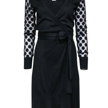Diane von Furstenberg - Black Wrap Dress w/ Semi Sheer Polka Dot Sleeves Sz S