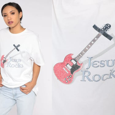 Jesus Rocks Shirt Y2k Christian Tshirt Religious T-shirt Retro Guitar Church Graphic Tee Hipster Shirt Rock Music Vintage 00s Extra Large xl 
