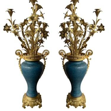 Pair 19th C. French Bronze Candelabra Carved Blue Stone with Gilt Floral Bouquet