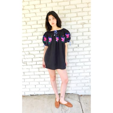 Mexican Mini // vintage sun neon Mexican hand embroidered floral boho hippie dress hippy tunic blouse black 70s 70's 1970s 1970's // O/S 