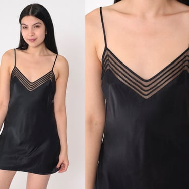 Black Slip Dress Y2K Victorias Secret Lingerie Chemise Mini Slip Semi-Sheer Mesh V Neck Spaghetti Strap Nightgown Vintage 00s Extra Small xs 