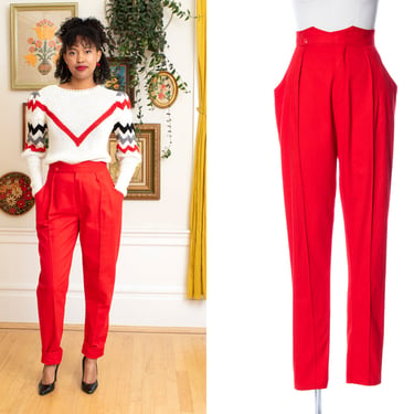 Vintage 1980s Pants | 80s Red Cotton Twill Extra High Waisted Tapered Slim Cut Leg Trousers with Structural Pockets (small) 