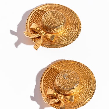 CHANEL 80s Gold Straw Hat Clip On Earrings
