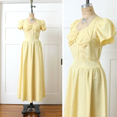 vintage 1930s pale yellow moire taffeta gown • puff sleeve sweetheart formal full length dress 