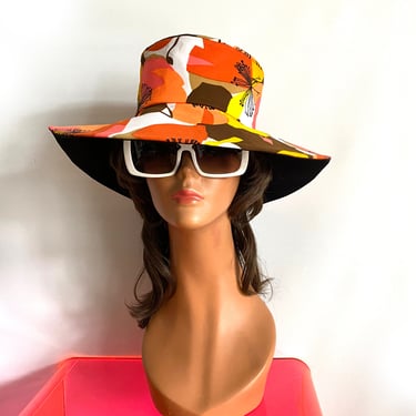 27# Vintage Psychedelic Floppy Hat • Hawaiian Tiki Oasis Coachella Festival Flower Power Sun Hat • Hippie Boho • Neon Orange Yellow Brown 