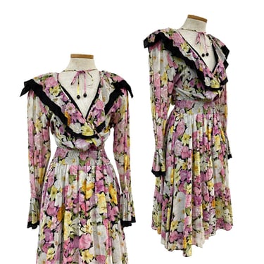 Vtg Vintage 1980s 80s Diane Freis Designer Midnight Bloom Floral Ruffle Dress 