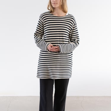 Vintage Navy Blue Cream Cotton Stripe Long Sweater | Unisex Knit Sailor Smock | S 