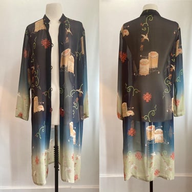 Vintage SILK ROBE KIMONO  / Silk Chiffon / Sheer Ombre Paper Lantern Crane Print / Citron Santa Monica 