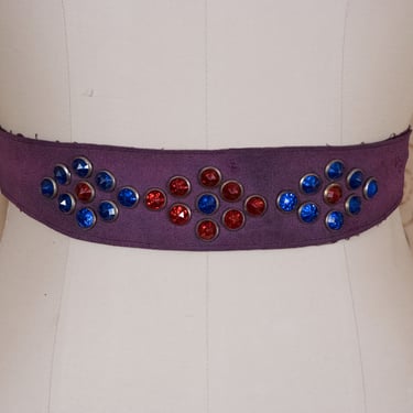 1940s Belt - Gorgeous Late 30s/Early 40s Bold Gem Studded Rayon Belt with Blue and Red Cabachon Rhinestones on Purple 