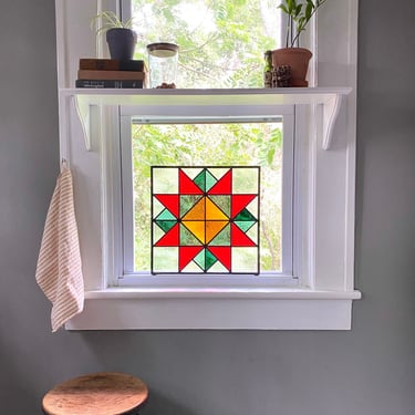Stained Glass Barn Quilt Geometric / Handmade Multi Color Suncatcher Orange Blue Yellow Gray Amber Window Panel 16 x 16 16