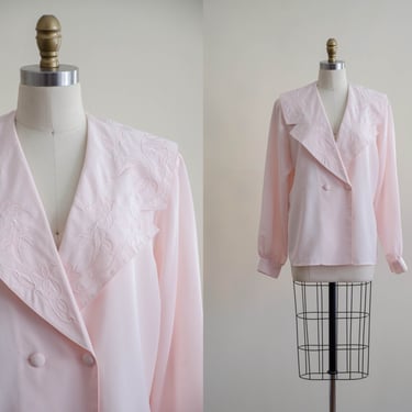 80s pink embroidered sailor collar blouse | blush pink romantic cottagecore vintage shirt 