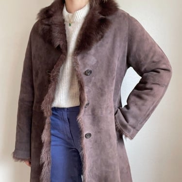 Vintage Womens 90s Brown Sheepskin Shearling Fluffy Mid Length Jacket Sz M 