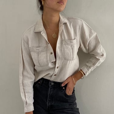90s linen blouse / vintage oatmeal woven linen fitted button down pocket shirt blouse | Small 