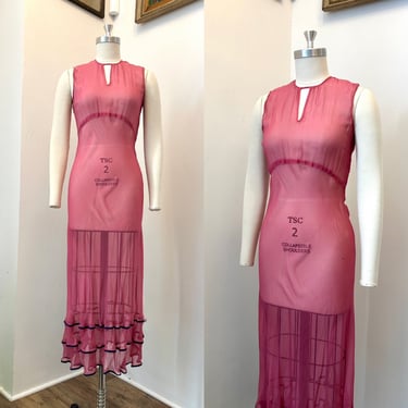 Vintage 1930s Dress / 30s Sheer Silk Chiffon Dress / Pink Blue ( S ) 