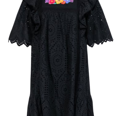 Twinset - Black Eyelet Mini Dress w/ Multicolored Floral Embroidery Sz 10