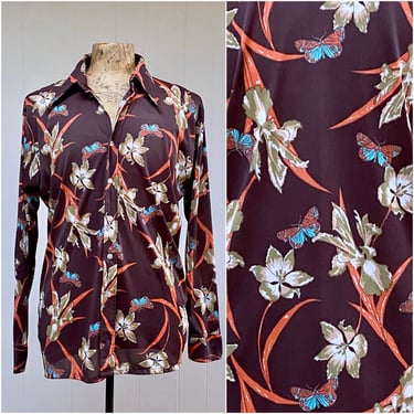 Vintage 1970s Long Sleeve Disco Shirt, Brown Nylon Floral Butterly Print Hipster Shirt by Haband, X-Large 48