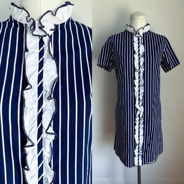 Vintage 1960s Navy & White Striped Ruffle Dress / S 