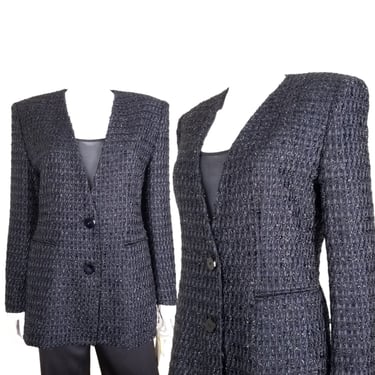 Vintage Tweed Jacket, Small, Sparkly Black Blazer, New 1990s Art Deco Style Jacket 