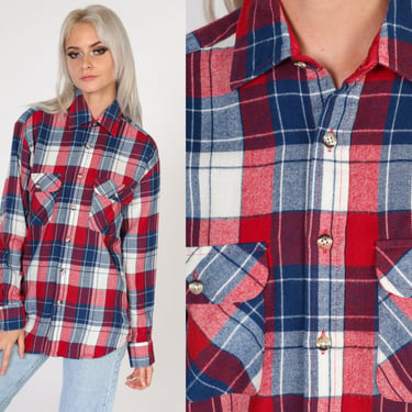 80s Flannel Shirt Plaid Button Up Shirt Retro Checkered Print Collared Long Sleeve Boyfriend Top Red White Blue Vintage 1980s Men's Small 