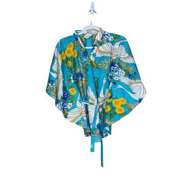 Vintage Hawaiian Palm Blue Crane Kimono Tie Blouse 