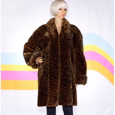 Vintage 1980s Leopard Faux Fur Swing Coat | Large / XL 