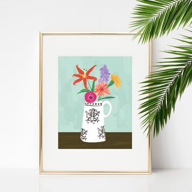 Bright and Colorful Bouquet in Black and White Vase 8 X 10 Art Print/ Botanical Still Life Illustration/ Wildflower Floral Wall Decor 