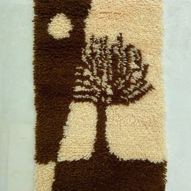 Mid Century Modern Latch Hook Rug Wall Art, Tree With Sun, Completed Woven Fiber Wall Hanging, Boho Home Decor, Brown Cream, 16