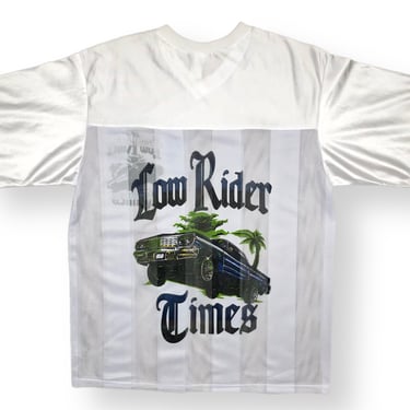 Vintage 90s Lowrider Times Double Sided Chicano Made in USA White Mesh Jersey Size Large 