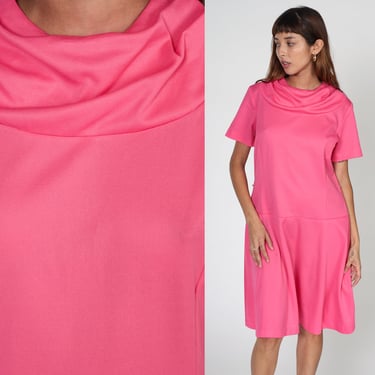 Pink Mini Dress 60s 70s Mod Dress Cowl Neck Drop Waist Shift Retro Basic Short Sleeve Gogo Twiggy Plain Minidress Vintage 1970s Large L 