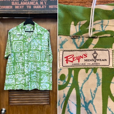 Vintage 1960’s Original “Reyn’s” Reyn Spooner Atomic Tiki Hawaiian Shirt, Loop Collar, 60’s Vintage Clothing 