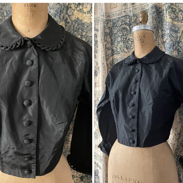 Authentic antique black taffeta cropped jacket, rounded collar | Early 1900s top, fancy jacket, XS 