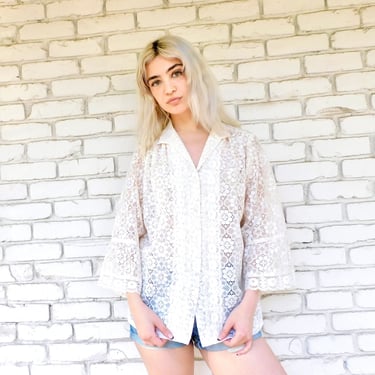 Antoinette Lace Blouse // vintage 70s ivory dress off white sheer 70's 1970's boho hippie 1970s hippy Victorian // O/S 