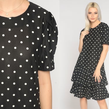 Polka Dot Party Dress 80s Tiered Dress Retro Black Knee Length Ruffled Boho Short Puff Sleeve Flounce Casual Vintage 1980s Large L 
