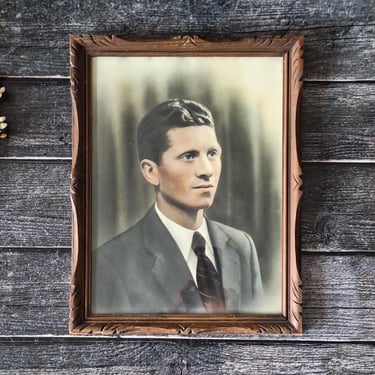 French Antique Man with Tie Photography Frame Colorized Carved Rectangular Wood Frame,  Hand-Coloured Portrait, Man Portrait Photography 